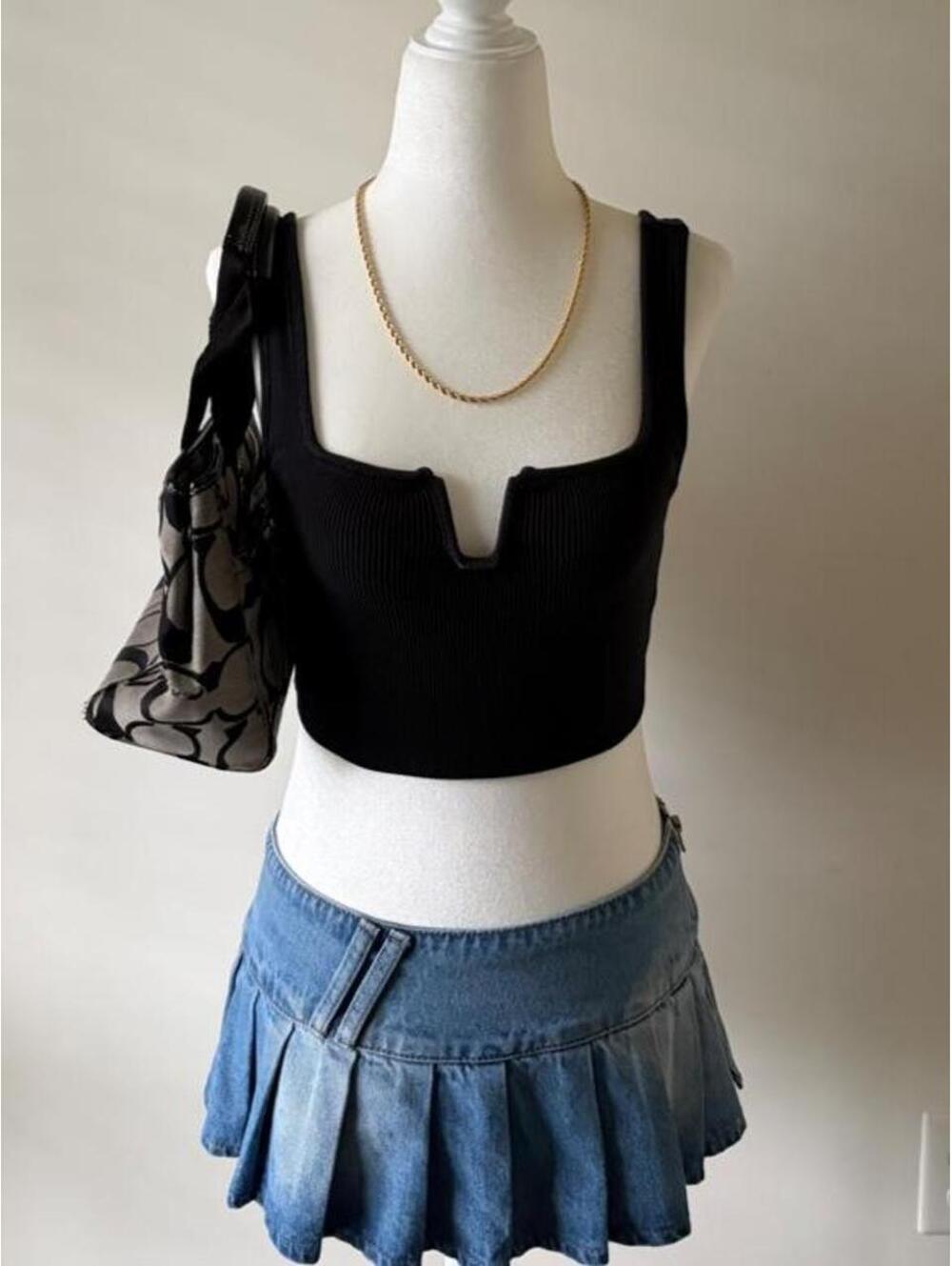 Y2K Grunge Black Ribbed Notch Neck Crop Top